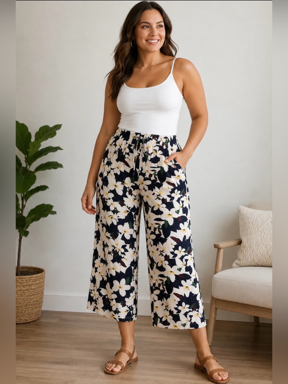 Rachel Roy 2X Floral Wide Leg Crop Pants Pull On Drawstring NWOT